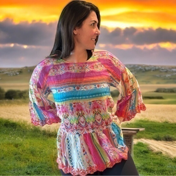 Johnny Was Porcelain Flare-Sleeve Ruffle Blouse NWT